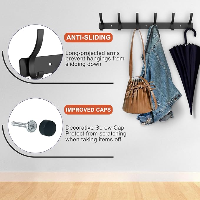 Coat Rack Wall Mounted,6 Coat Hooks for Hanging Coats,Metal Double Hook Rack Hook Rail,Coat Rack with Hooks,Wall Mount Coat Hanger for Hat Towel Purse Robes (2 Pack Black, 6 Hooks)