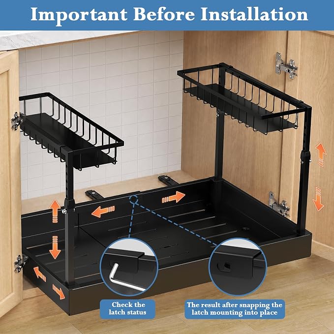 Aisslro Under Sink Organizer, 2 Tier Under the Sink Storage, Expandable Adjustable Slide Out Pull Out Under Cabinet Organizers Shelf, for Kitchen Bathroom Pantry Closet Organization, Black