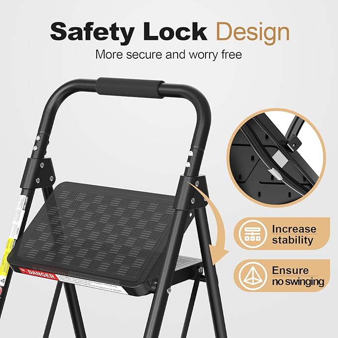 HBTower Step Ladder, 4 Step Ladder for Adults with Wide Anti-Slip Pedal, Step Stool Foldable with Cushioned Handle, 330 Capacity for Home and Kitchen, Black