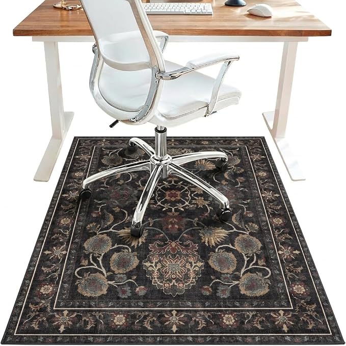 48"x72" Office Chair Mat for Hardwood Tile Floor, Under Desk Carpet Protector for Rolling Computer Chair Mat, Machine Washable Area Rug, Anti-Slip 1/5" Thick Low Pile Thin Vinyl Floor Mat, Charcoal