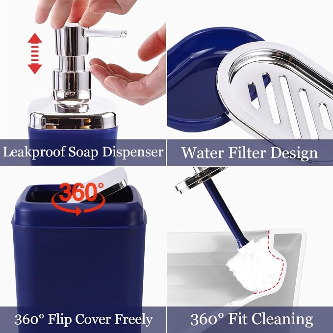 XLHOMO Blue Bathroom Accessories Set, Bathroom Sets with Shower Curtain, Navy Blue Bathroom Accessories with Trash Can, Soap Dispenser, Soap Dish, Toilet Brush Holder, Qtip Holders for Bathroom