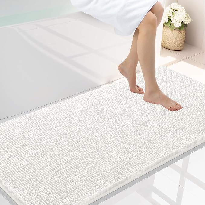 Smiry Luxury Chenille Bathroom Rugs 44x24, Extra Soft and Absorbent Shaggy Bath Mat, Machine Washable, Non-Slip Plush Carpet Runner for Tub, Shower, and Floor, Home Decor Accessories, Ivory