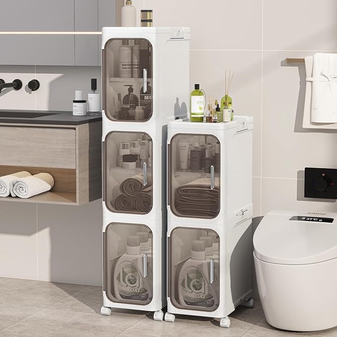 5-Tiers Slim Bathroom Storage Cabinet, Foldable Storage Cabinets,Narrow Bathroom Storage,Movable Bathroom Storage Organizer for Small Spaces,Bathroom,Kitchen,Laundry,White