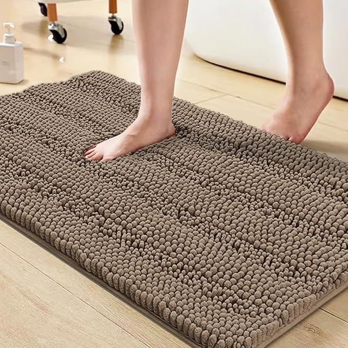 Turquoize Chenille Bathroom Rugs Bath Bath Mats for Bathroom Shaggy Rugs for Bedroom Chenille Bath Rugs 1 Piece Non Slip Super Absorbent Washable Bath Mat, 20"x 32", Taupe Brown