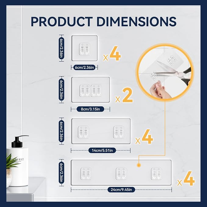 YASONIC 14-Pack Shower Caddy Adhesive Replacement - Transparent Shower Adhesive Strips, No Drilling Hooks for Bath Storage Shelves, Kitchen Racks, Basket & Soap Holder