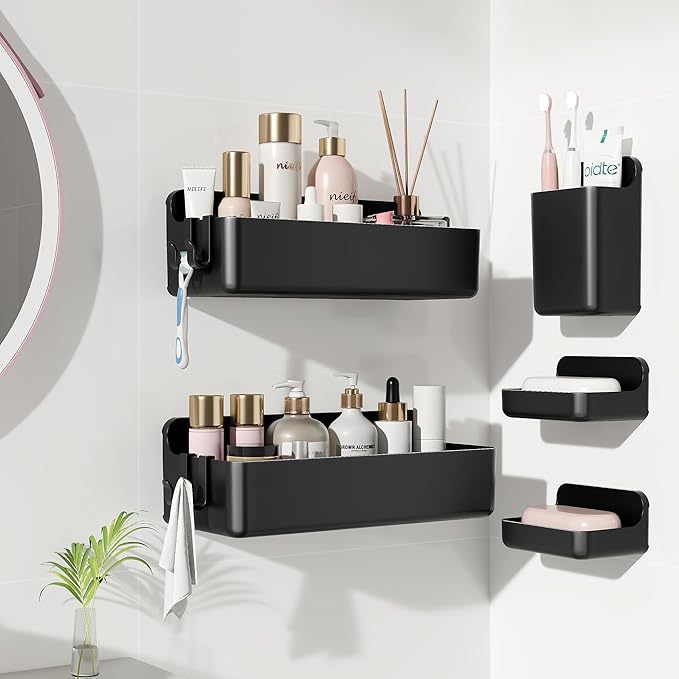 Nieifi Adhesive Wall Shelf, Shower Shelves 5 Pack with Soap Holder, Shower Organizer for Bathroom Organization, Black