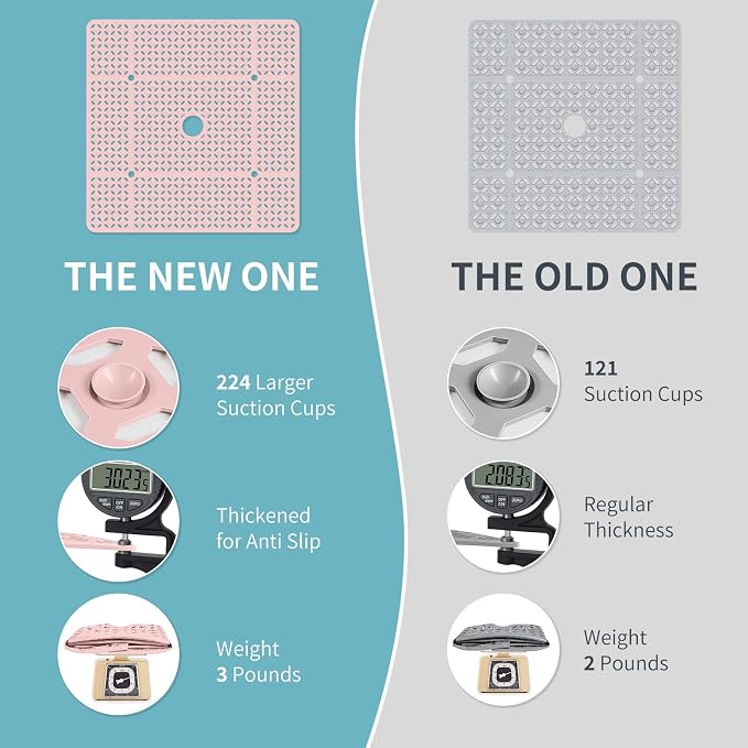 OTHWAY Square Shower Mat, 27"x 27" Extra Large Shower Mats for Inside Shower, TPE Anti Slip Shower mat with Suction Cups Drain Holes, Machine Washable Shower Floor Mat (Light Pink)