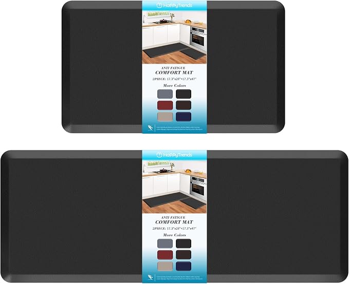 HappyTrends 2 PCS Kitchen Mat Cushioned Anti-Fatigue Floor Mat, Heavy Duty Ergonomic Comfort Foam Standing Mat,20"x30"+20"x47",Black