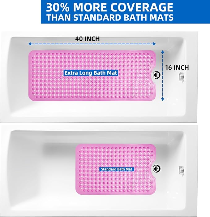 ZHICHENG Bath Tub and Shower Mats, Non-Slip 39 x 16 Inch Extra Long Bath Mat, Machine Washable Bathtub Mat with Drain Holes, Suction Cups for Bathroom (Color Red)