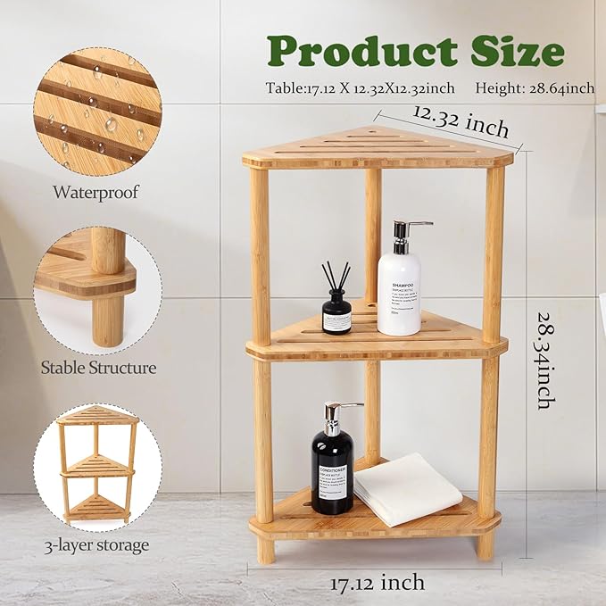 Bamboo Corner Shower Caddy Stand 3-Tier Waterproof,Free Standing Bathroom Corner Shelf Shower Stool Organizer for Inside Shower,Space-Saving Storage Shower Shelves with Anti-Slip Feet