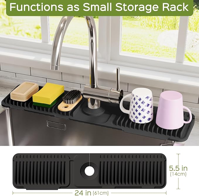 24 Inch Silicone Faucet Mat for Kitchen Sink Splash Guard – Upgraded Draining Mat with Water Tray Behind Faucet – Countertop Protectors to Catch Spills (Black, 24" x 5.5" )