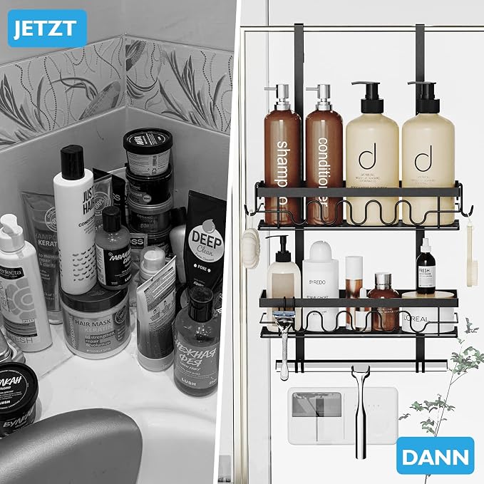 Over the Door Shower Caddy Hanging, Rustproof Hanging Shower Organizer for Glass Door, No Drilling Adjustable Shower Shelves for inside shower with 4+3 Hooks, Suitable for Kitchen/Bathroom/Balcony