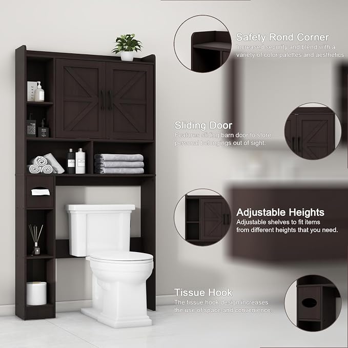 Vabches Over The Toilet Storage Cabinet, Farmhouse Storage Cabinet Over Toilet with 2 Barn Door & Toilet Paper Holder Stand，Home Space-Saving Toilet Rack, for Bathroom, Restroom, Laundry.Caramel