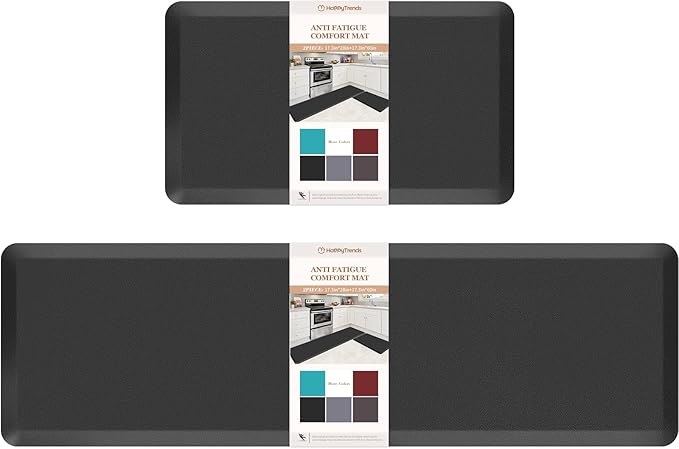 HappyTrends Kitchen Mat,17.3"x28"+17.3"x60" Black, Cushioned Comfort Anti-Fatigue Waterproof Floor Mat Kitchen Rugs, Thick Perfect Ergonomic Foam Standing mat for Kitchen, Home, Office, Laundry