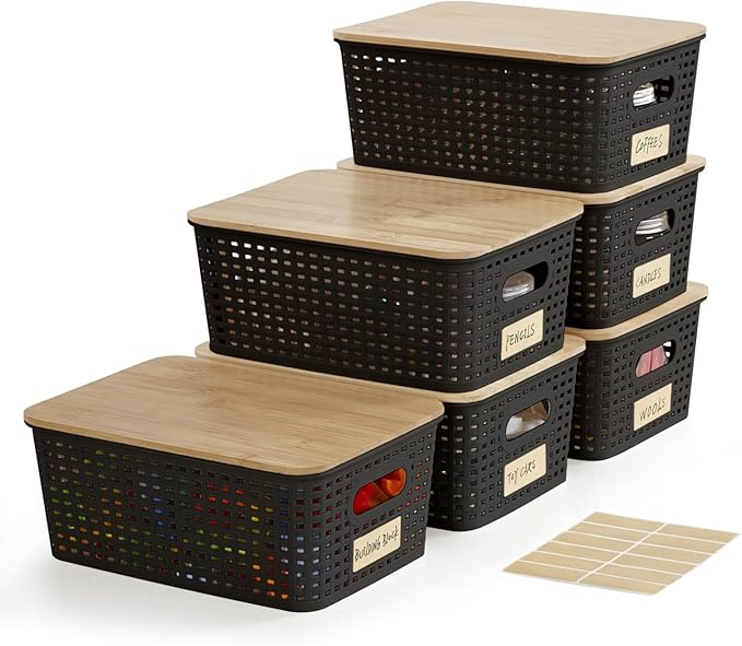 Bagnizer Small Plastic Storage Bins with Bamboo Lids 5.2qt Stackable Box Basket Pantry Decorative Containers Cute with Lable for Organizing Desktop Closet Office Black of 6 packs 10 * 7.2 * 4.1"