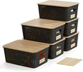 Bagnizer Small Plastic Storage Bins with Bamboo Lids 5.2qt Stackable Box Basket Pantry Decorative Containers Cute with Lable for Organizing Desktop Closet Office Black of 6 packs 10 * 7.2 * 4.1"