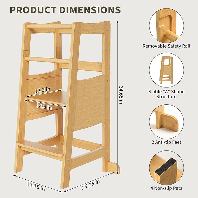 Toddler Standing Tower, Toddler Step Stool with Safety Rail, 3 Heights Adjustable Learning Standing Stool, Wide Platform Design Step Stool, Stool for Kids