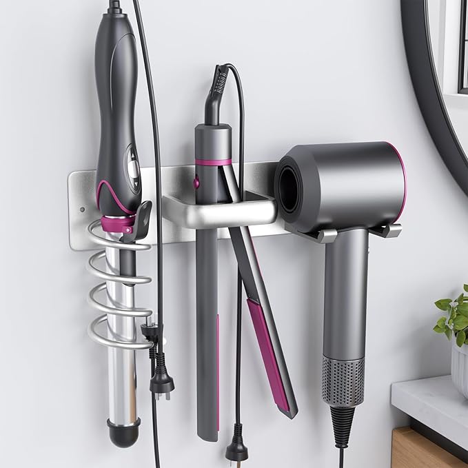 Tindbea Hair Dryer Holder Wall Mount Aluminum Alloy Hot Tools Organizer | Heavy Duty, Silver
