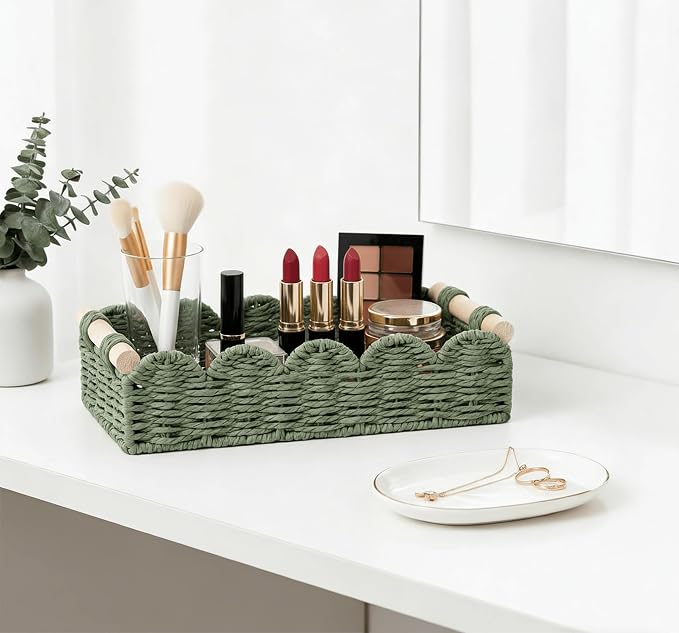 CubesLand Toilet Paper Storage Basket Organizer, Small Wicker Toilet Tank Top Decorative Baskets for Countertop, Handwoven Scalloped Basket w/handle for Home Decor, Living Room, Bedroom, Green