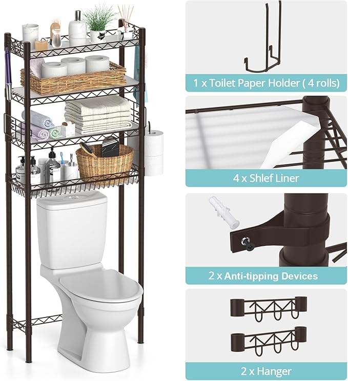 Hodonas Over Toilet Storage Shelf, 4-Tier Bathroom Organizer Storage Shelves Over The Toilet, Adjustable Over The Toilet Shelf Above Toilet Rack Freestanding Bathroom Space Saver Over Toilet, Espresso