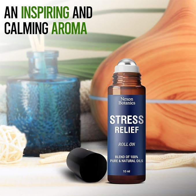 Stress Relief Essential Oil Roll-On 10 ml - Natural Stress Relief Blend with Lavender, Geranium & Frankincense Oils - Prediluted Roller for Calming Aromatherapy - Nexon Botanics