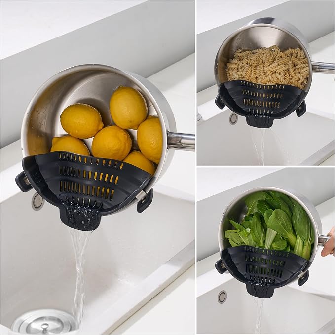 S&F Homes Silicone Clip On Strainer for Pots and Pans - Heat Resistant, Food, Noodle, Meat, Fruits, Vegetables and Pasta Strainer - Versatile Kitchen Gadget and Colander (Black)