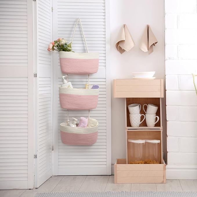 TeoKJ Over the Door Hanging Basket, 3-Tier Woven Cotton Wall-Mounted Storage Organizer Bag Decorative Hanging Nursery Baskets, Pink & White