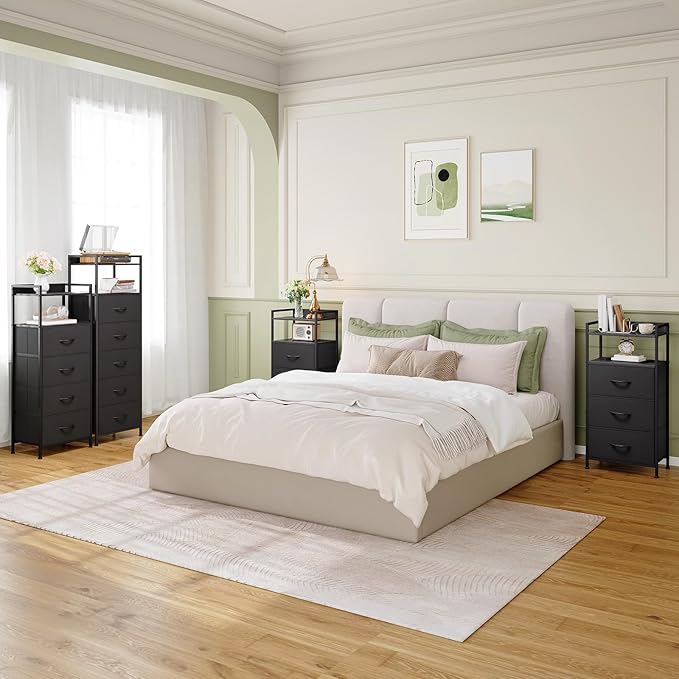 Somdot Tall Dresser for Bedroom, 5 Drawers Nightstand Vertical Storage Tower Unit, Night Stand Furniture with Fabric Drawer Organizer in Bedside Hallway, Entryway, Kids Room, Closet, Black