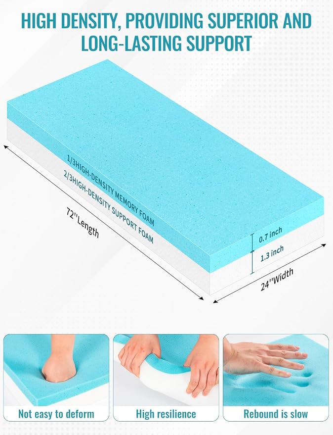 Memory Foam Upholstery, CertiPUR-US Certified High Density Gel Memory Foam Sponge 72"L×24"W×2"Thick Universal for Sofa Mattress Topper Gym Bench RV Seat Upgrade