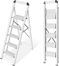 KINGRACK Aluminium 5 Step Ladder, Lightweight Step Stool with Non-Skid Pedals, Handrail, Foldable Step Ladder for Kitchen, Garage, Home, Space Saving, Sturdy and Portable, Silver