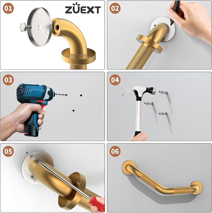 16 Inch Angled Grab Bar, ZUEXT Anti Slip Shower Grab Bar Handles, Brushed Gold Stainless Steel Knurled Bathroom Balance Bar, Safety Hand Rail Support for Handicap Elderly Injury Senior