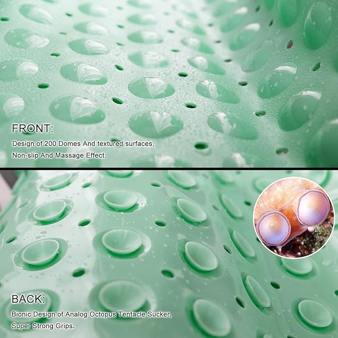 TEESHLY Bath Tub and Shower Mats, Non-Slip 39 x 16 Inch Extra Long Bathtub Mat, Machine Washable BathMat with Drain Holes, Suction Cups for Bathroom (Opaque Pale Green)