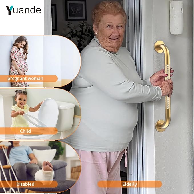 20 Inch Brushed Gold Shower Grab Bar with Anti-Slip Knurled Grip,YuanDe Stainless Steel Bathroom Grab Bars，Shower Handrail Support, Handicap Elderly Balance Assist Handles