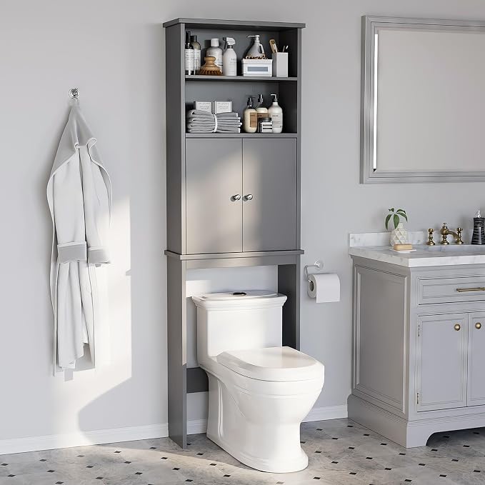 Over the Toilet Storage Cabinet for Bathroom, 75in Over Toilet Cabinet Freestanding Storage Organizer, Space Saver with Doors and Adjustable Shelf, Grey