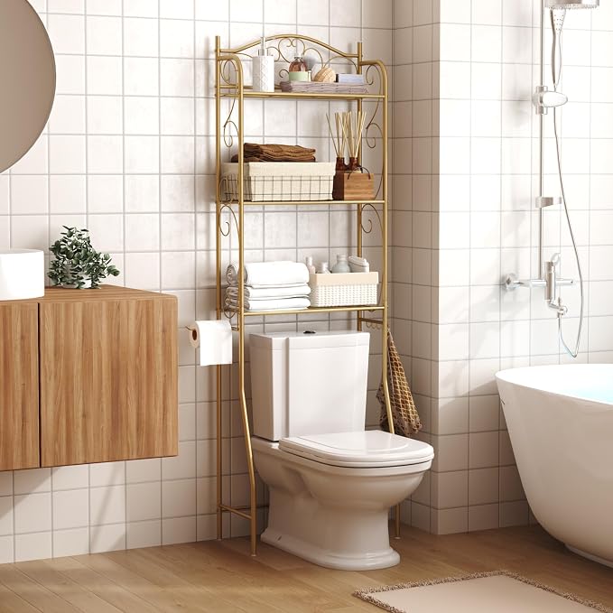 HOME BI Over The Toilet Storage Shelf, 3-Tier Over Toilet Bathroom Organizer Rack, Freestanding Space Saver Toilet Stands with Hooks (Gold)