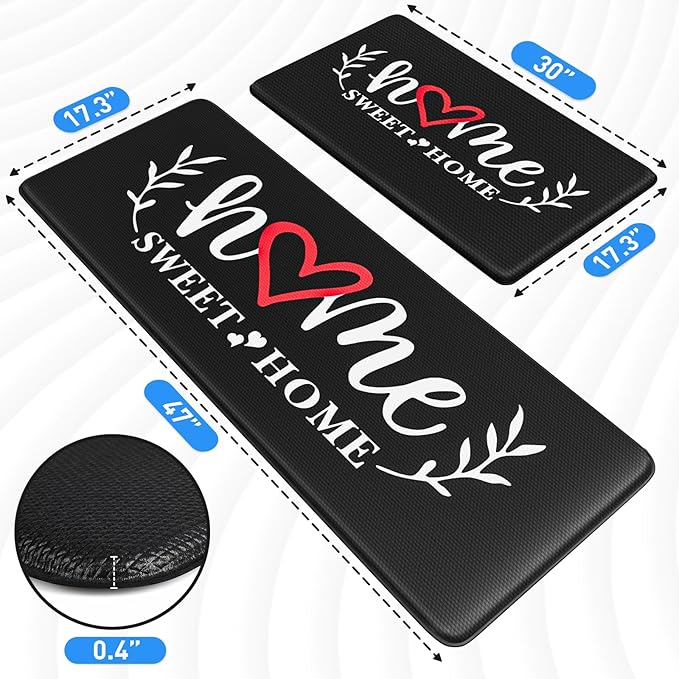 HappyTrends Kitchen Mat for Floor, 2PCS Cushioned Anti-Fatigue Kitchen Rugs, Waterproof Non-Slip Standing Mats and Rugs Set for Kitchen, Office, Laundry, Black, 17.3"×30"+17.3"×47"