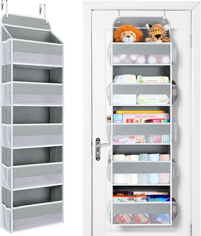 Yecaye Over The Door Organizer Storage, 5-Tier Heavy Duty Door Organizers Hanging with 10 Side Mesh Pockets, 44 lbs Load Capacity Behind Door Storage for Bathroom Nursery Bedroom Dorm Closet,Grey,1Pc