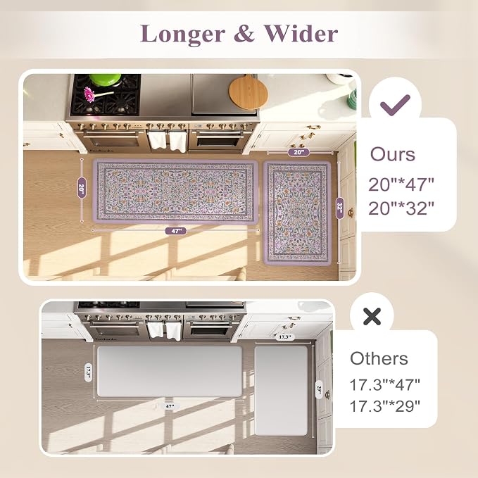 KIMODE Anti Fatigue Kitchen Mats 20"x47"+20"x32", Boho Flora Kitchen Rugs Sets of 2, Cushioned Non Skid Kitchen Mats for Floor, Comfort Kitchen Floor Mats for Sink Laundry Desk Purple