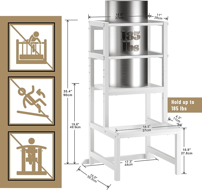 INNOD Kitchen Step Stool for Toddlers, Height Adjustable Toddler Tower with Safety Rail, Steel and Wood Toddler Kitchen Stool Helper Kids, Stool for Kids, Learning Tower, Kids' Desk White