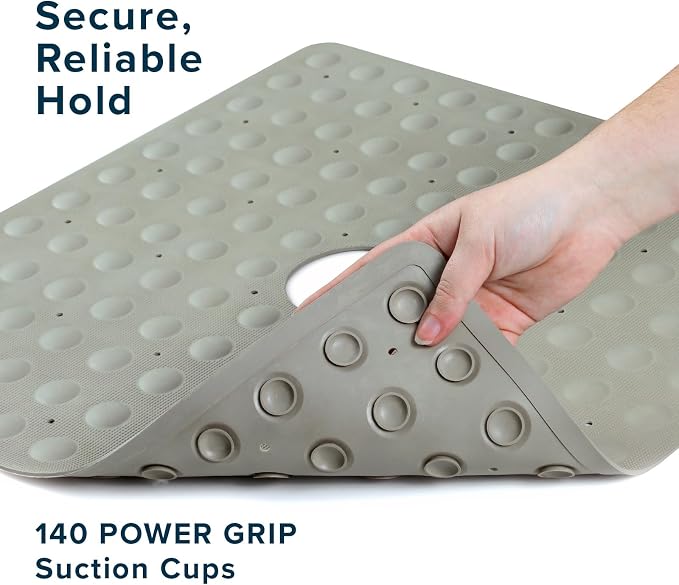 SlipX Solutions Square Natural Rubber Shower Stall Mat, 21” x 21”, Non Slip Safety, Built-in Product Protection, 140 Power Grip Suction Cups, Center Drain Hole, Tan