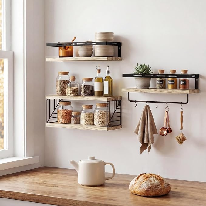 Fixwal Bathroom Shelves Over Toilet, Floating Shelves Wall Mounted with Metal Frame and Towel Bar for Bathroom, Kitchen, Bedroom, Living Room (3 Plus 1 Rustic Brown)