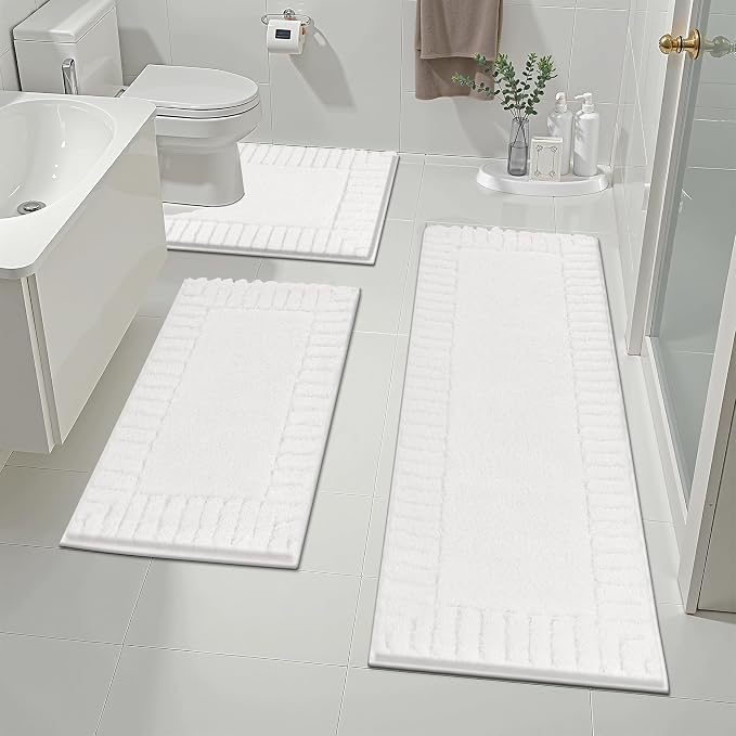 Pauwer Bathroom Rugs Sets 3 Piece Bathroom Shower Rugs with U-Shaped Contour Toilet Mat Absorbent Microfiber Plush Bath Mats Non Slip Bath Rug Machine Washable Shaggy Bath Mat Set, White