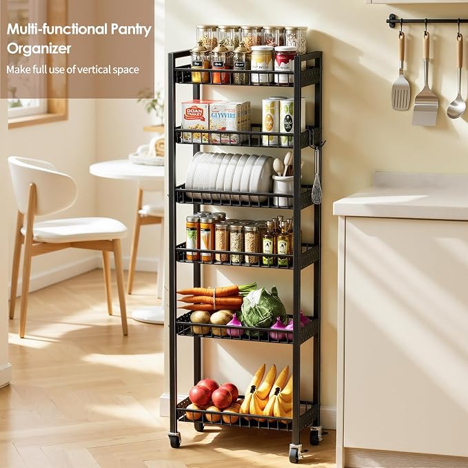 6 Tier Slim Storage Cart, Narrow Rolling Cart with Wheels, Narrow Mobile Utility Shelf Unit Organizer for Kitchen, Bathroom, Laundry Room, Living Room, Small Places, 10in(W), Black