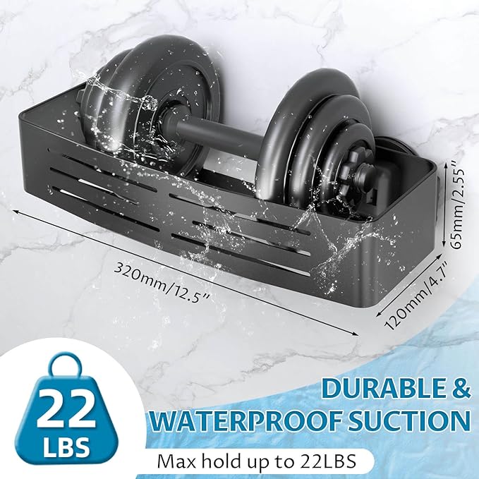 Onemake Shower Caddy Suction Cup,2-Pack Shower Shelf Organizer, Bathroom Suction Shelves with Portable Hooks, Shower Caddies Corner with Towel Bar,Matte Black
