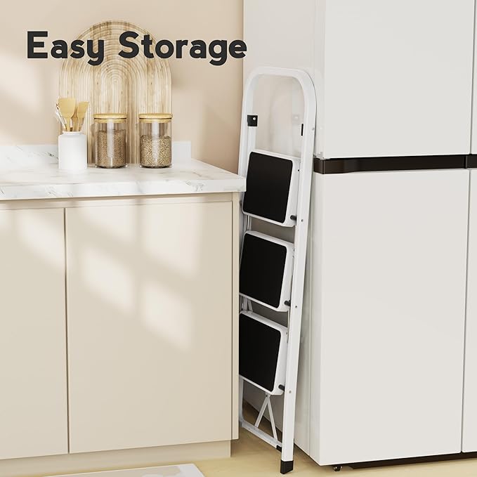 HBTower Step Ladder 3 Step Folding Ladder, Lightweight Portable Stepladder with Anti-Slip Pedal, Ladders with Convenient Handrails,330 lbs Capacity Step Stool for Kitchen, Home,White