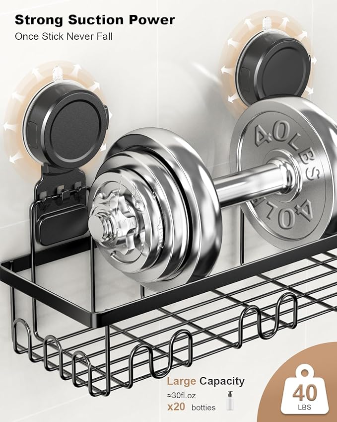 JOTPE Shower Caddy Suction Cup 5 Pack, No Drilling & Removable Suction Cup Shower Shelf for Bathroom with Large Capacity, Powerful Shower Organizer Max Hold 40 lbs, Waterproof Bathroom Shelf, Black