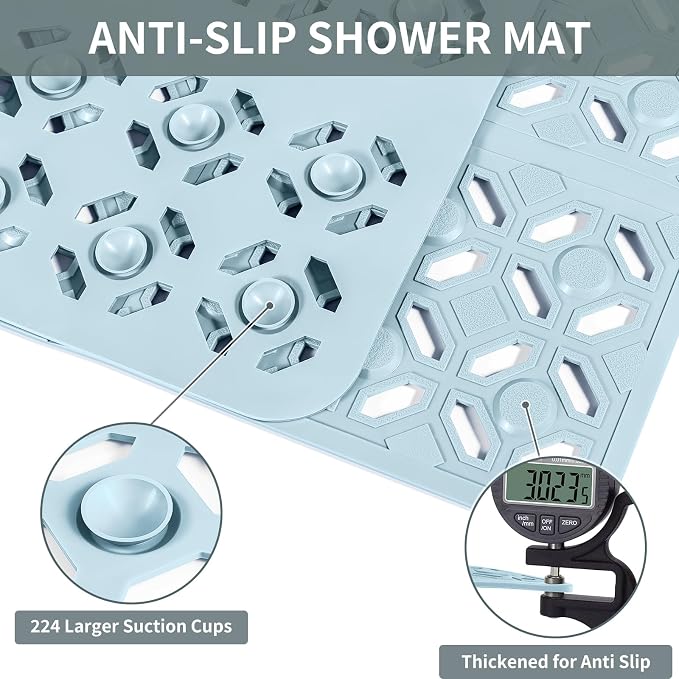 OTHWAY Square Shower Mat, 27"x 27" Extra Large Shower Mats for Inside Shower, TPE Anti Slip Shower mat with Suction Cups Drain Holes, Machine Washable Shower Floor Mat (Light Blue)