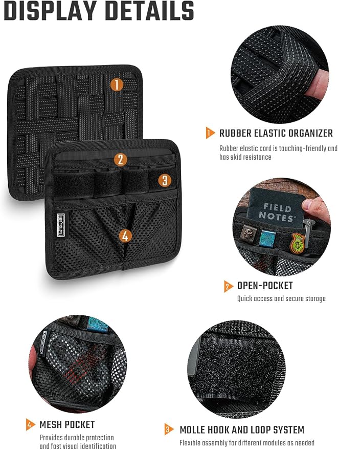 TACTICAL_GEEK TCM8 EDC Organizer Board, Anti-Slip Elastic Woven Board, Utility Bag Insert Panel for Small Gear, Backpack Accessories with Open Pocket & Mesh Pocket (Black)