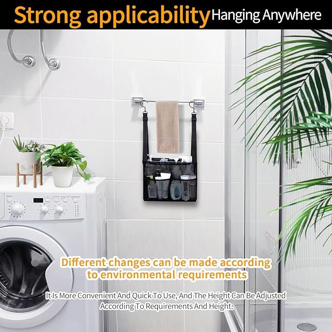 4 Storage Pockets Adjustable Hanging Mesh Bathroom Bag, Shower Caddy College with Hooks, Applied to College Dorm Rooms, Gym, Swimming and RV Travel (Black)