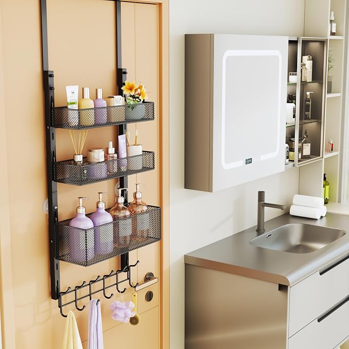 Consumest Over The Door Hooks Organizer - 4 Tier Door Coat Rack with 3 Baskets & 12 Hooks, Stainless Steel Towel Hanger for Bedroom, Bathroom, Living Room, Black